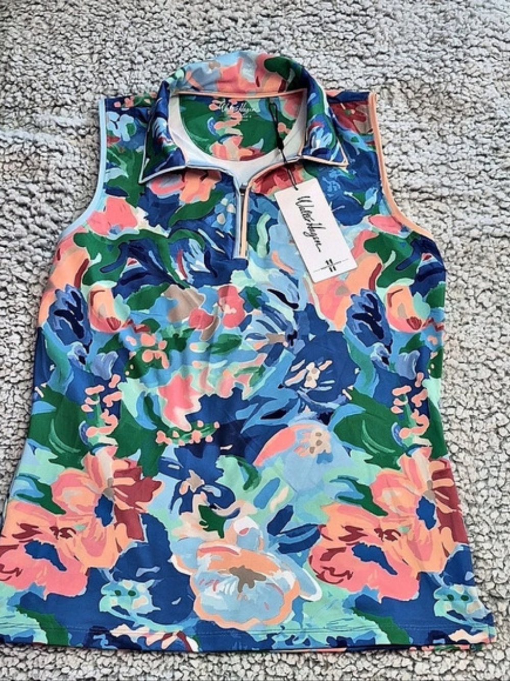 Walter Hagen P11 Fashion Sleeveless Polo Floral Sleeveless Polo in Blue & Green